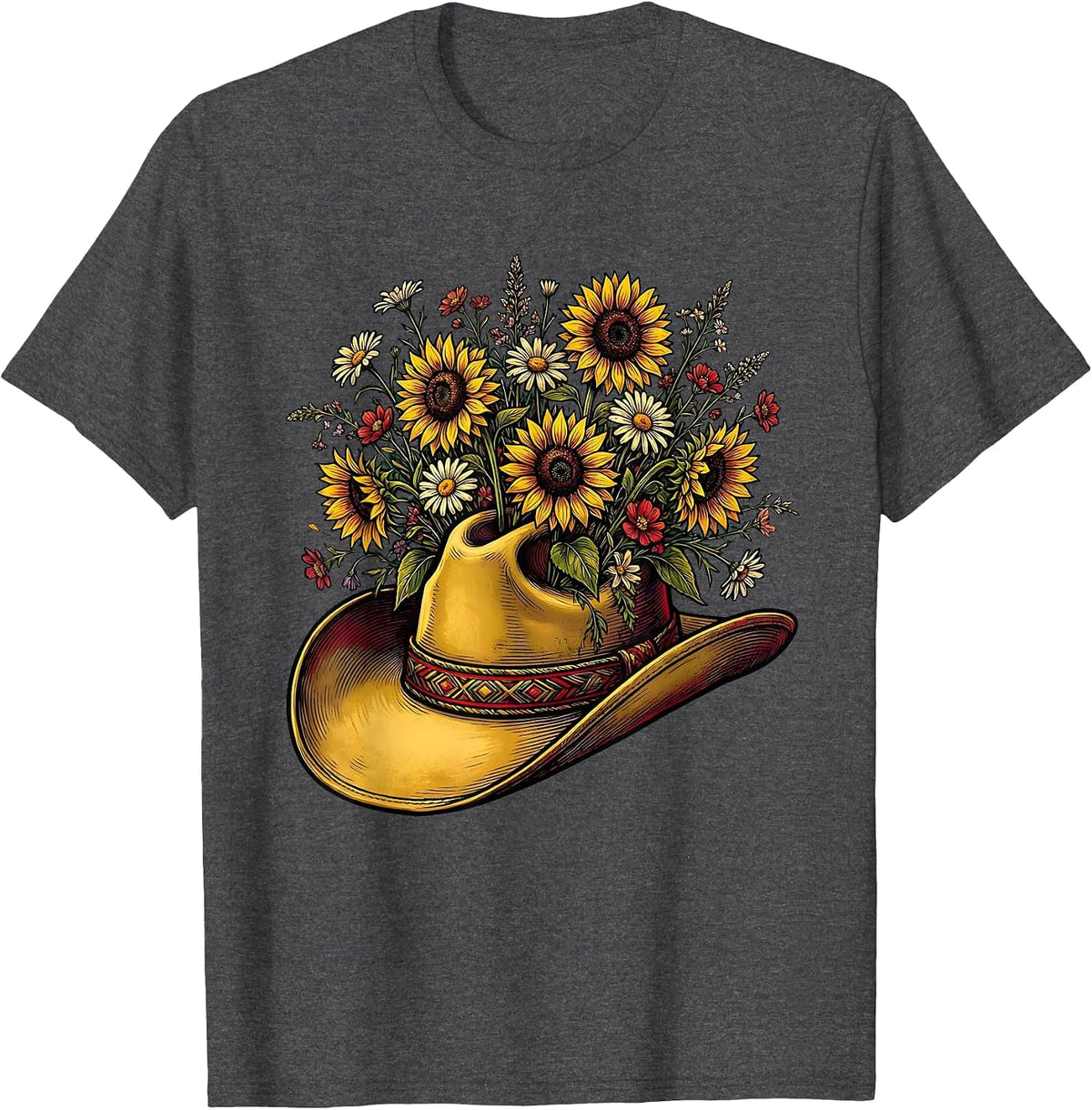 Cowgirl Hat Wildflowers Western Boho Illustration T-Shirt - Dark Heather Grey