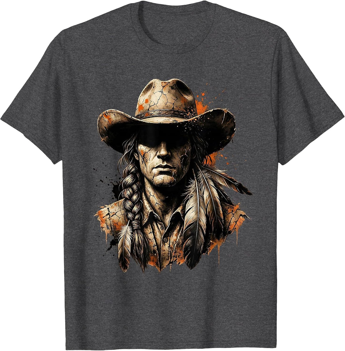 Cowgirl Braided Hair Feathers Western Illustration T-Shirt - Dark Heather Grey