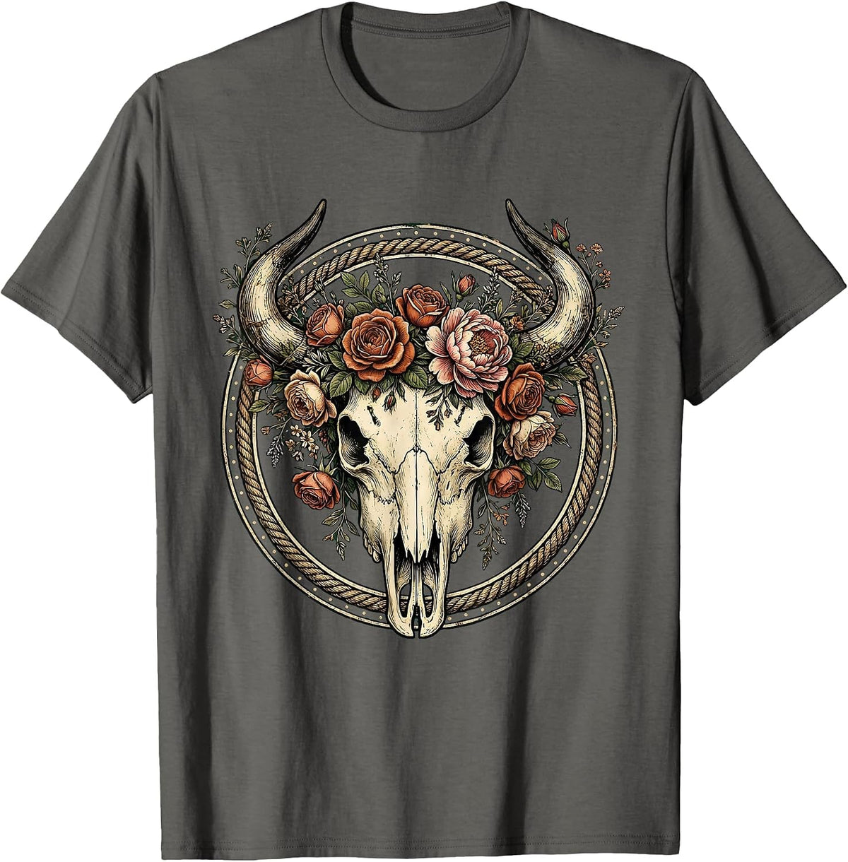Bull Skull Floral Crown Western Boho Design T-Shirt - Asphalt Grey
