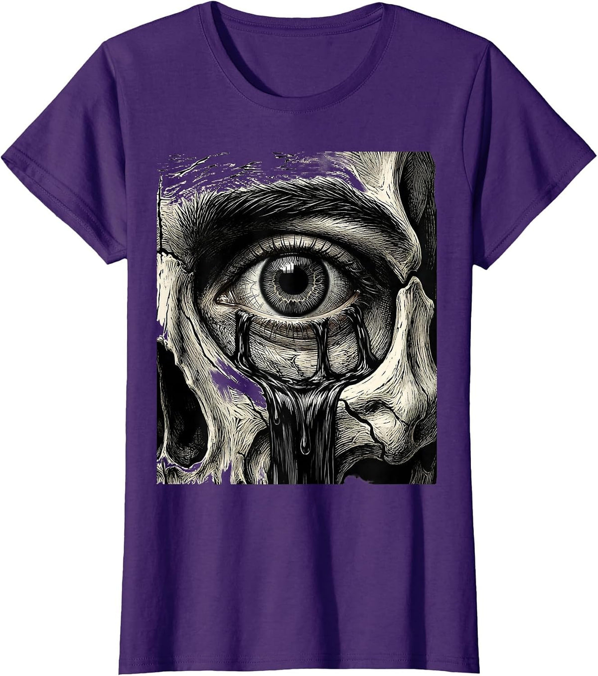Women's Emo Crying Eye Black Tears Pale Face Graphic T-Shirt - Purple