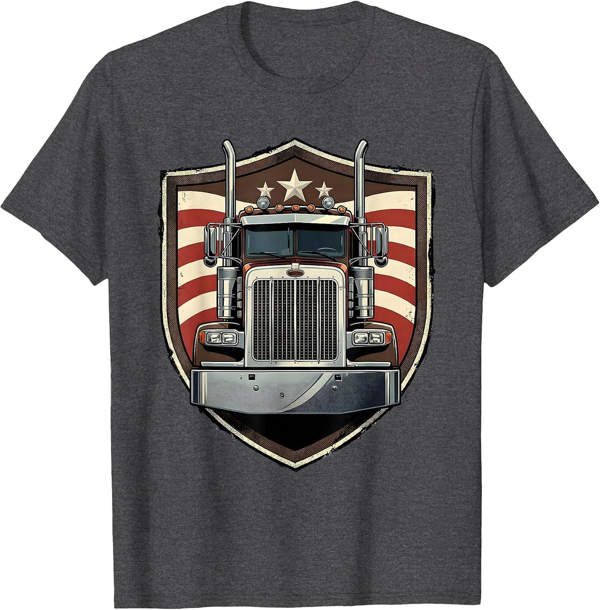 Semi Truck Shield American Flag Vintage Trucker Gift T-Shirt - Dark Heather Grey