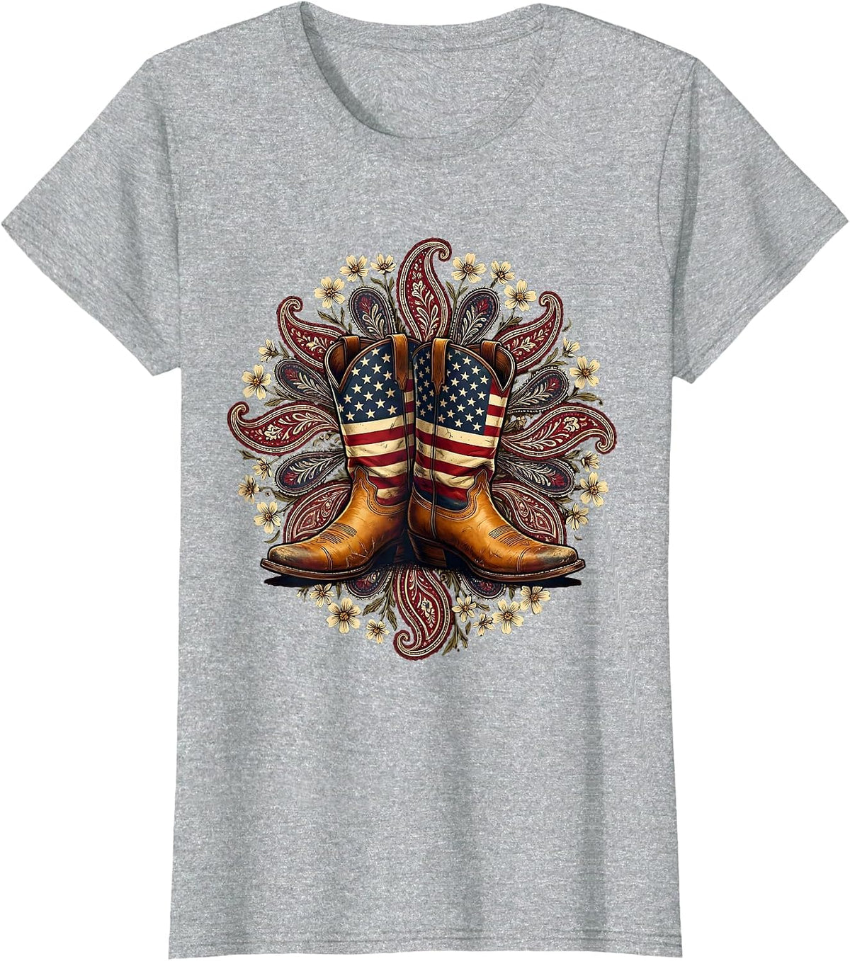 Women's Cowgirl Boots Floral Paisley Western Design T-Shirt - Heather Grey