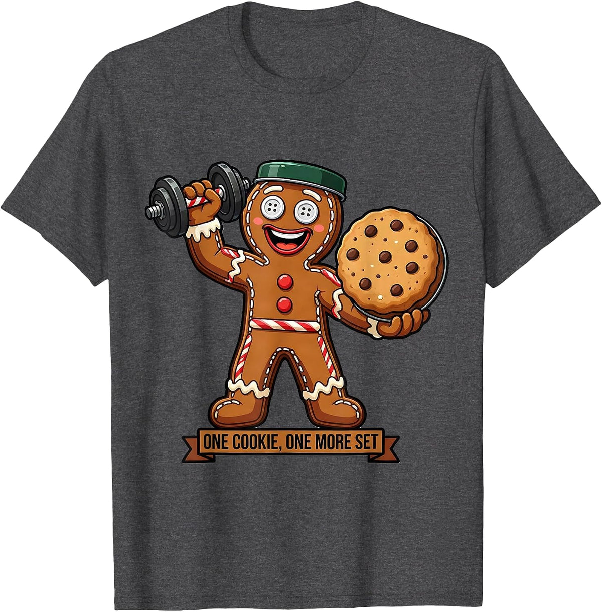 Men's One Cookie One More Set Funny Gingerbread Gym Weightlifting T-Shirt - Dark Heather Grey