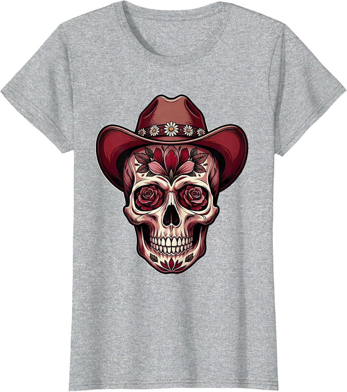 Women's Floral Skull Cowboy Hat Western Graphic Design T-Shirt - Heather Grey