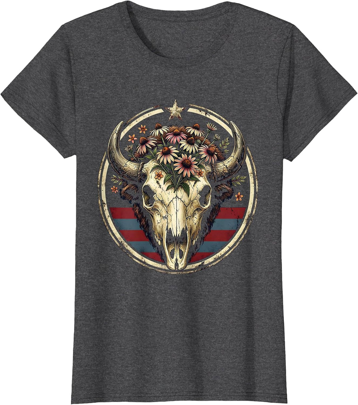 Women's Bison Skull Wildflowers American West Boho Nature Art T-Shirt - Dark Heather Grey