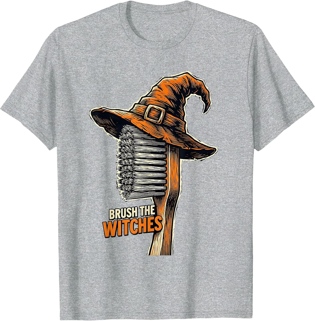 Men's Brush the Witches Linocut Funny Dental Halloween Costume T-Shirt - Heather Grey
