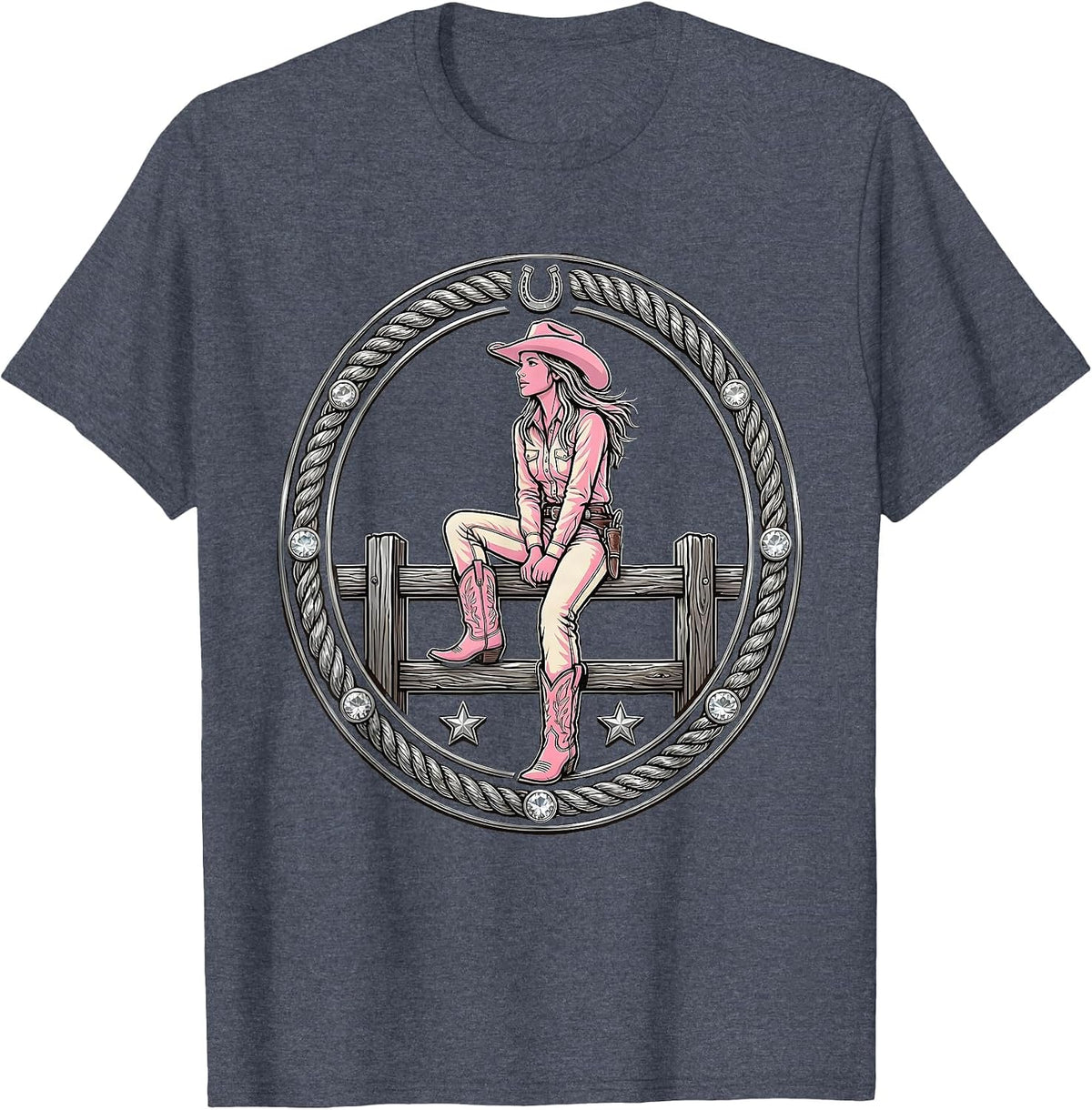 Cowgirl on Fence Rail Rodeo Arena Illustration T-Shirt - Heather Blue