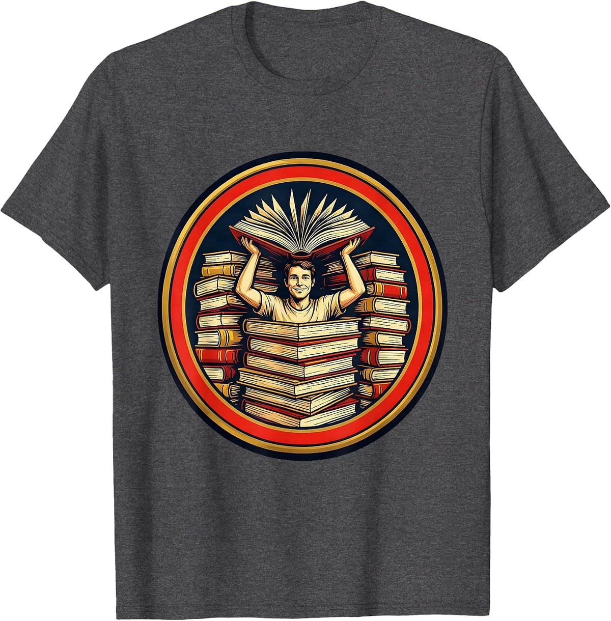 Bookworm Reader Crowned By Books Sign Painter Humor T-Shirt - Dark Heather Grey