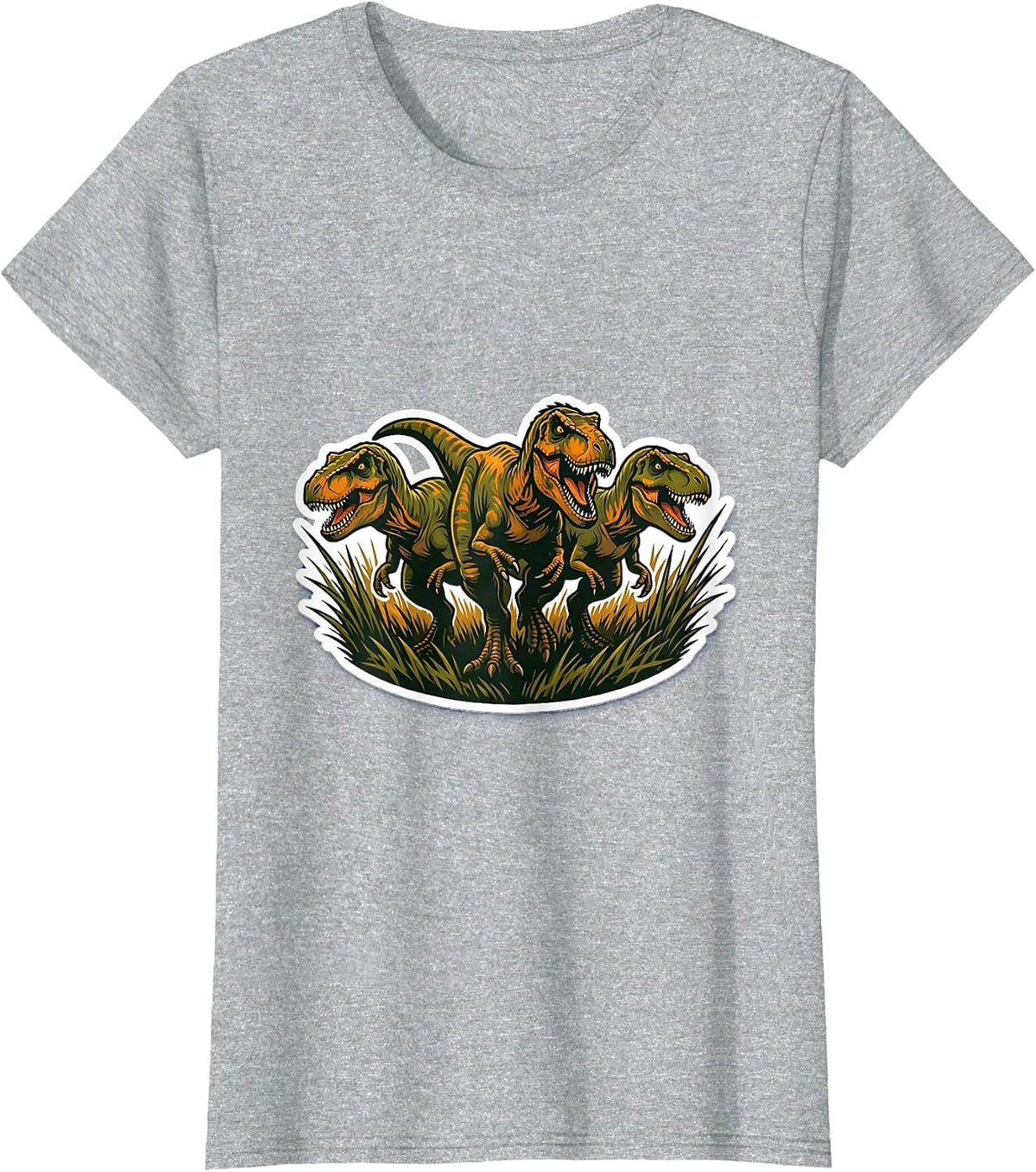 Women's Raptor Pack Hunting in Tall Grass Dinosaur T-Shirt - Heather Grey