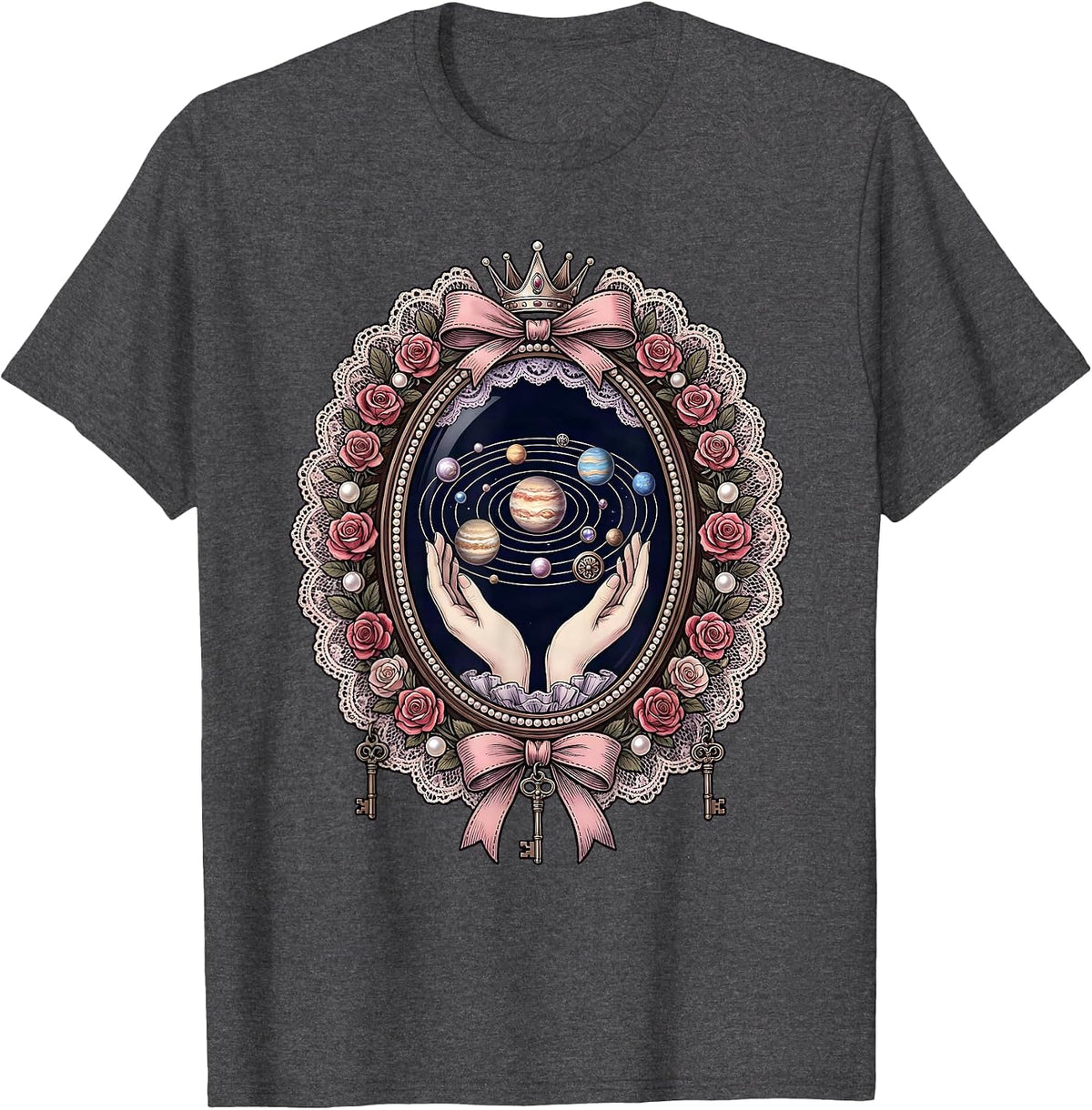 Men's Hands Cradling the Solar System Graphic T-Shirt - Dark Heather Grey