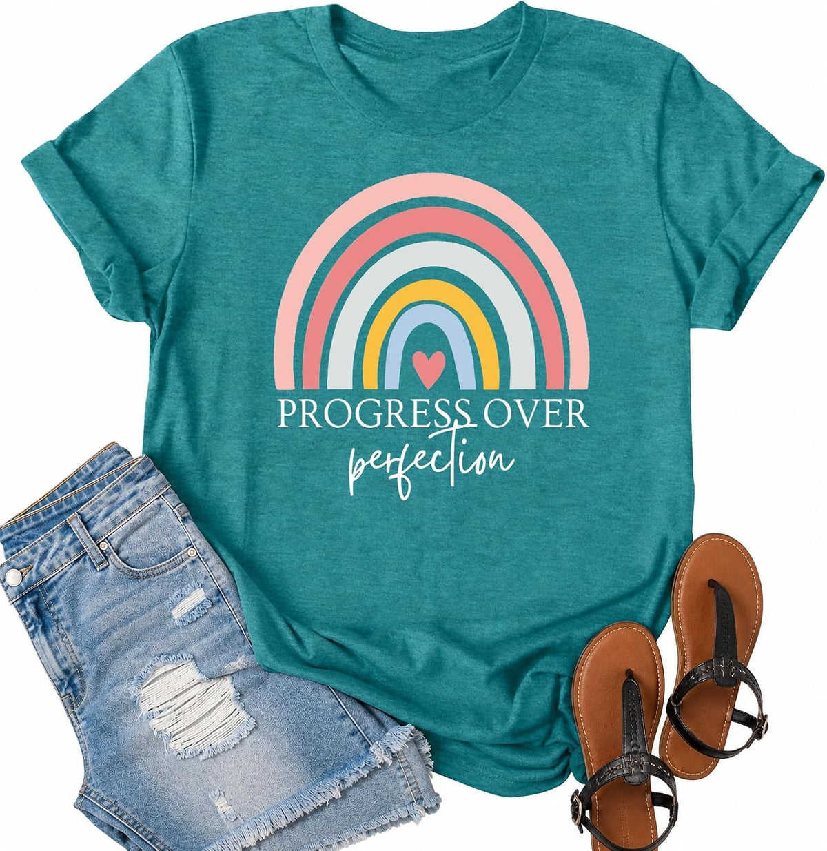 Teacher Shirts for Women: Progress Over Perfection Shirt Rainbow Teacher Graphic Tee Teaching Tops - Cyan