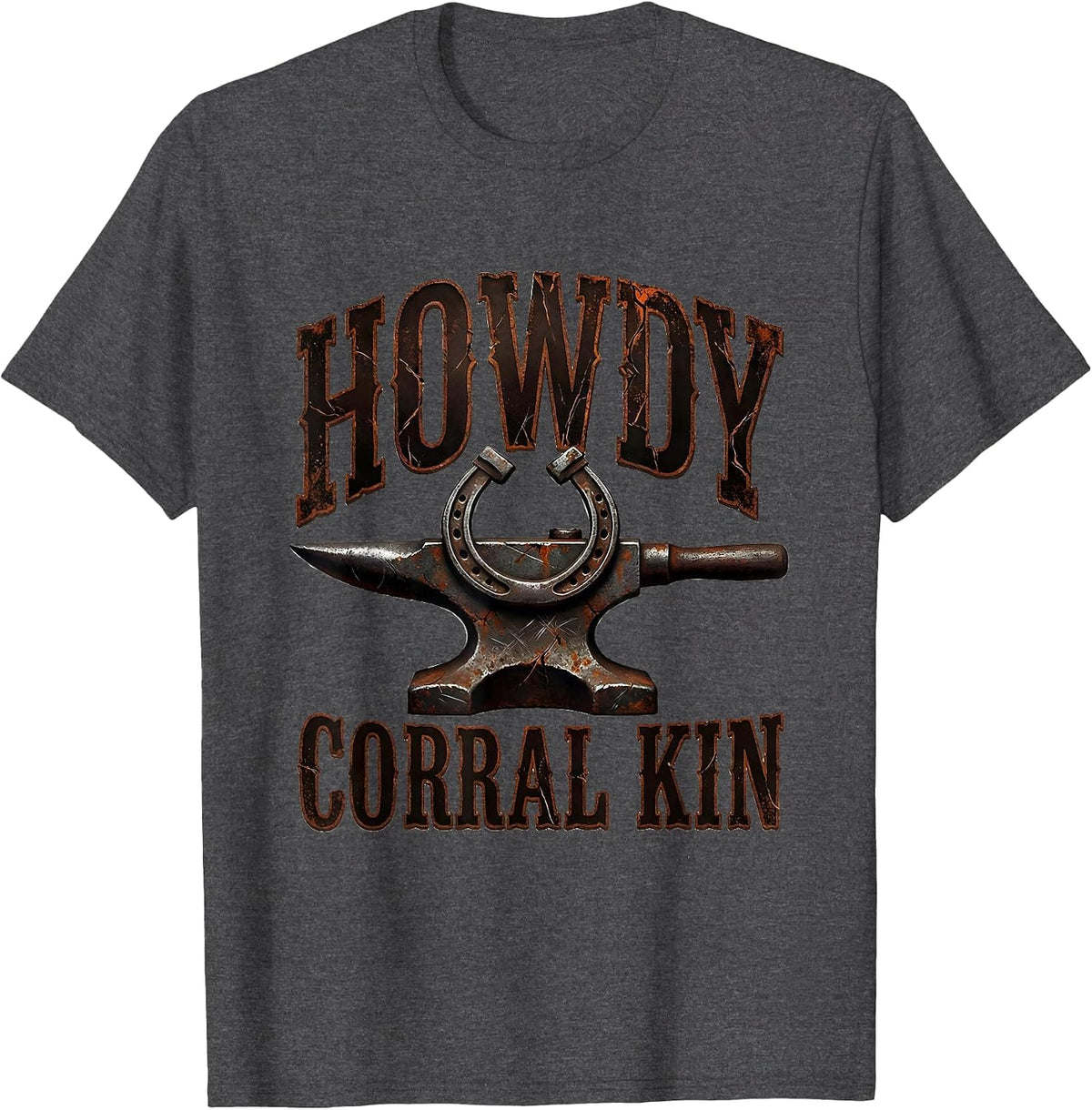 Howdy, Corral Kin Distressed Western Cowboy Cowgirl Rodeo T-Shirt - Dark Heather Grey