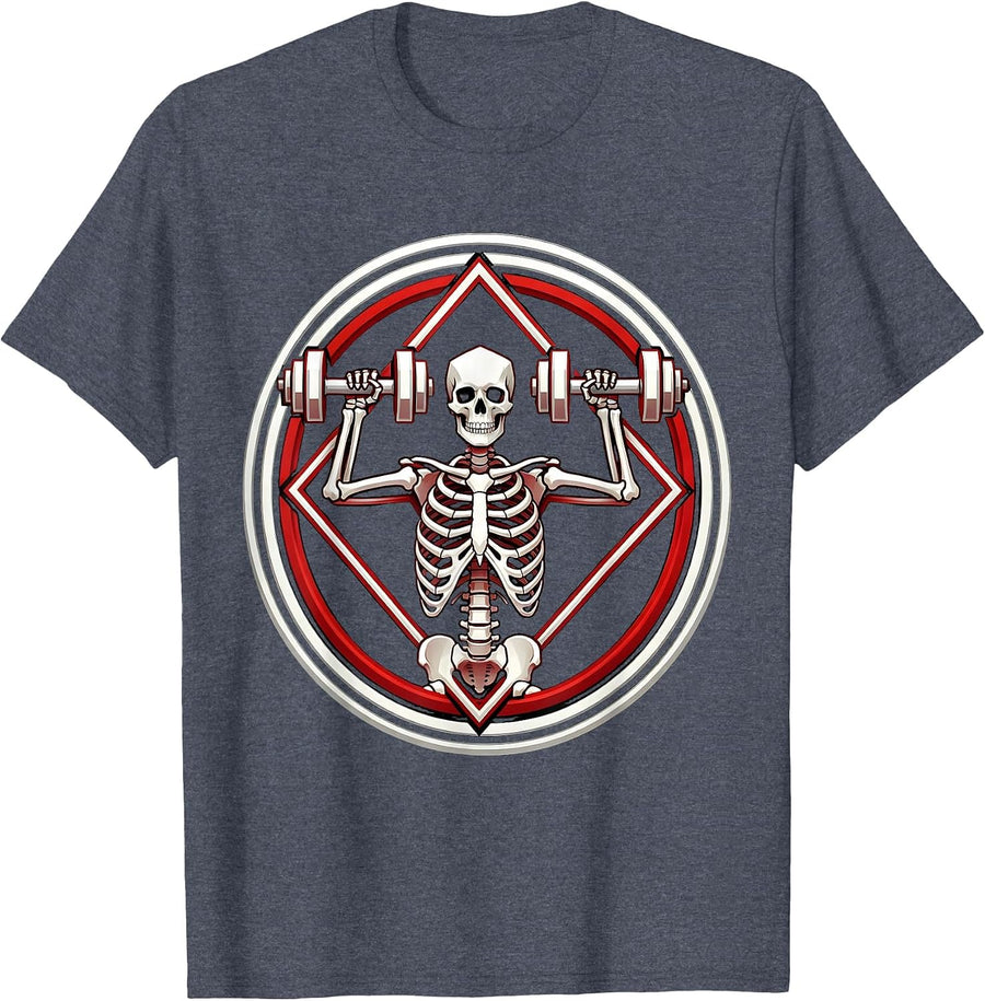 Skeleton Athlete Bicep Curl Gym Graphic T-Shirt - Heather Blue