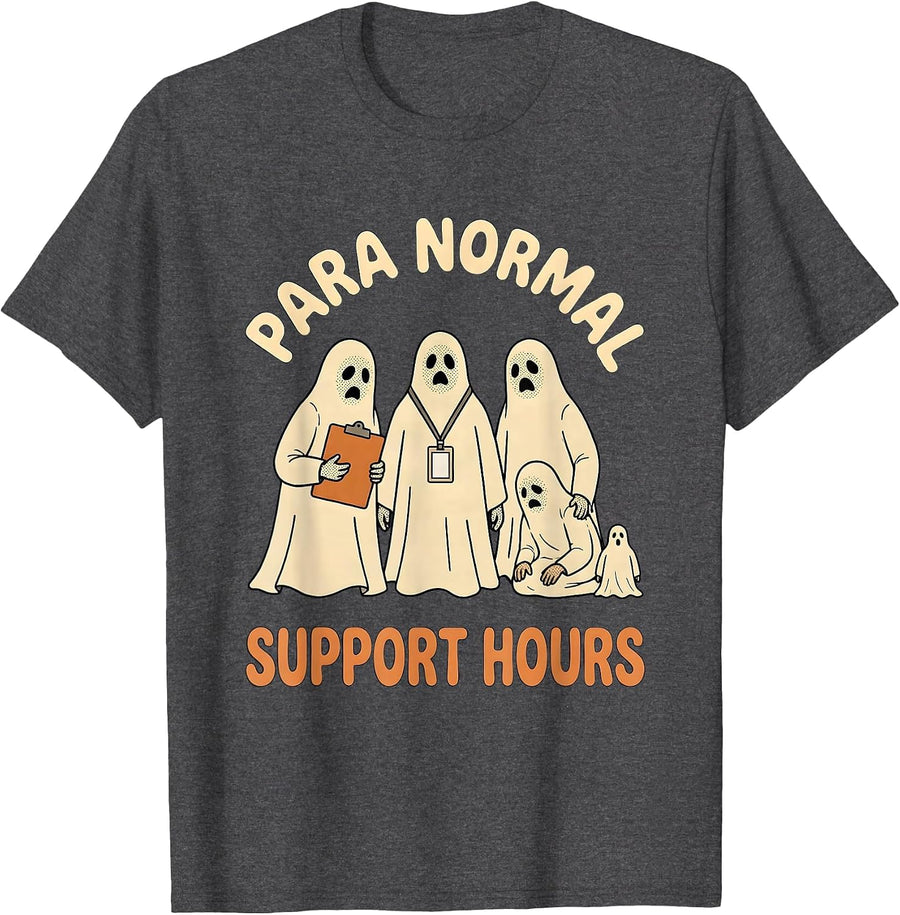 Men's Para Normal Support Hours Funny Paraeducator Halloween Ghost T-Shirt - Dark Heather Grey