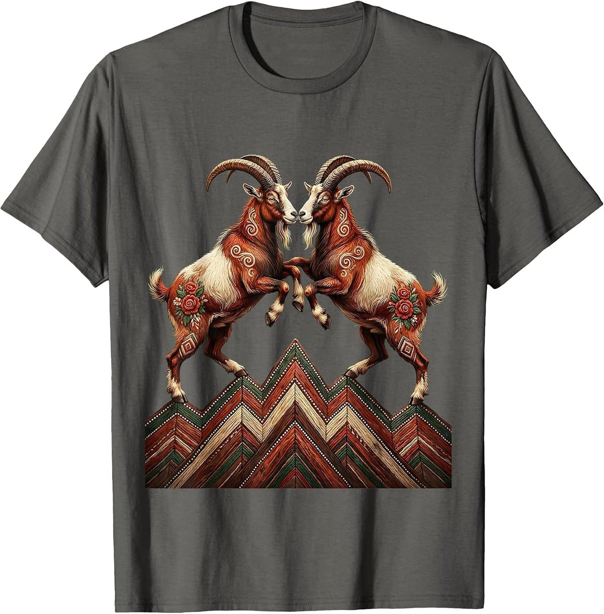 Men's Two Goats Locking Horns on a Mountain Ridge T-Shirt - Asphalt Grey