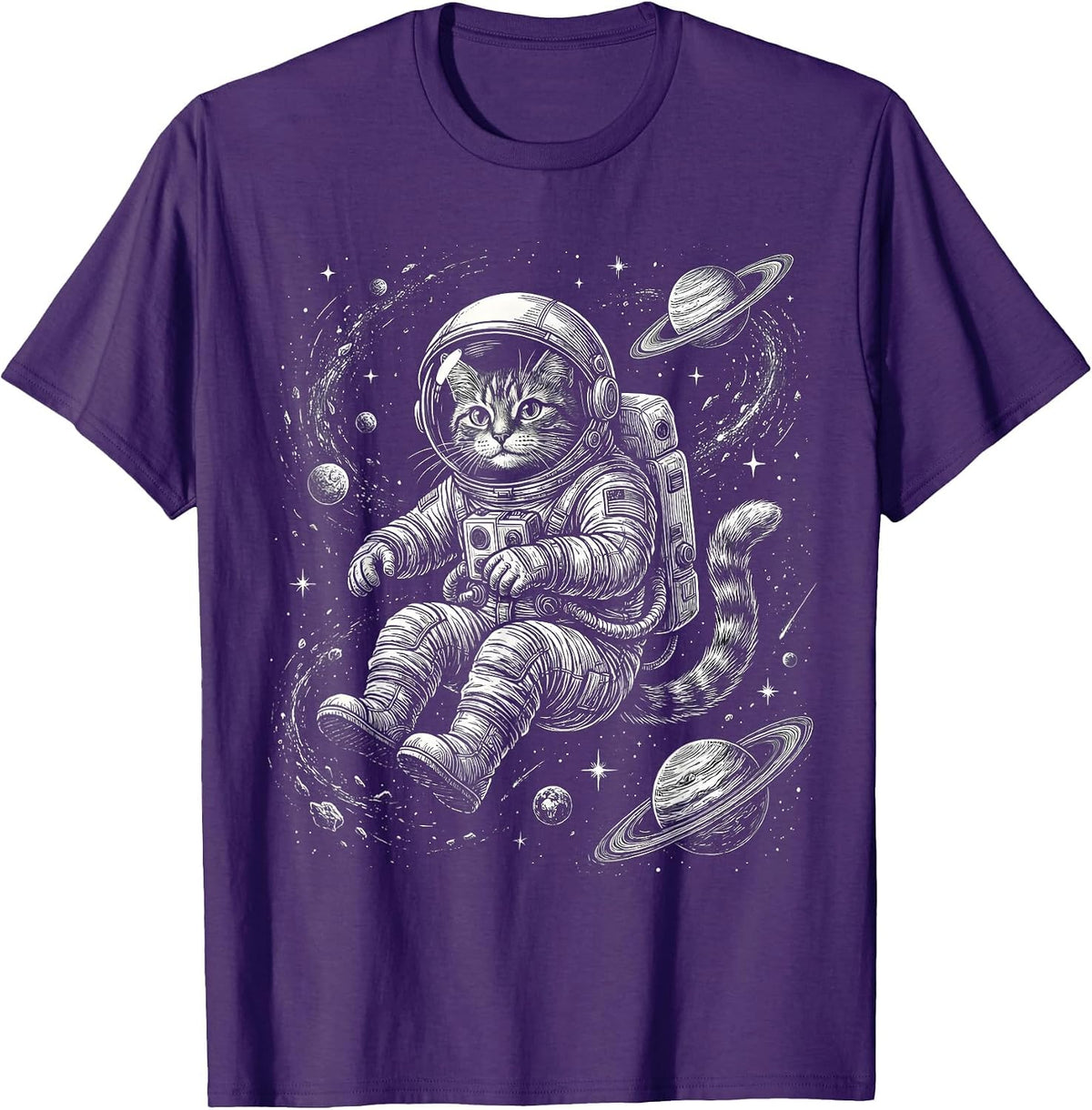 Men's Cat Astronaut Floating in Deep Space Illustration T-Shirt - Purple