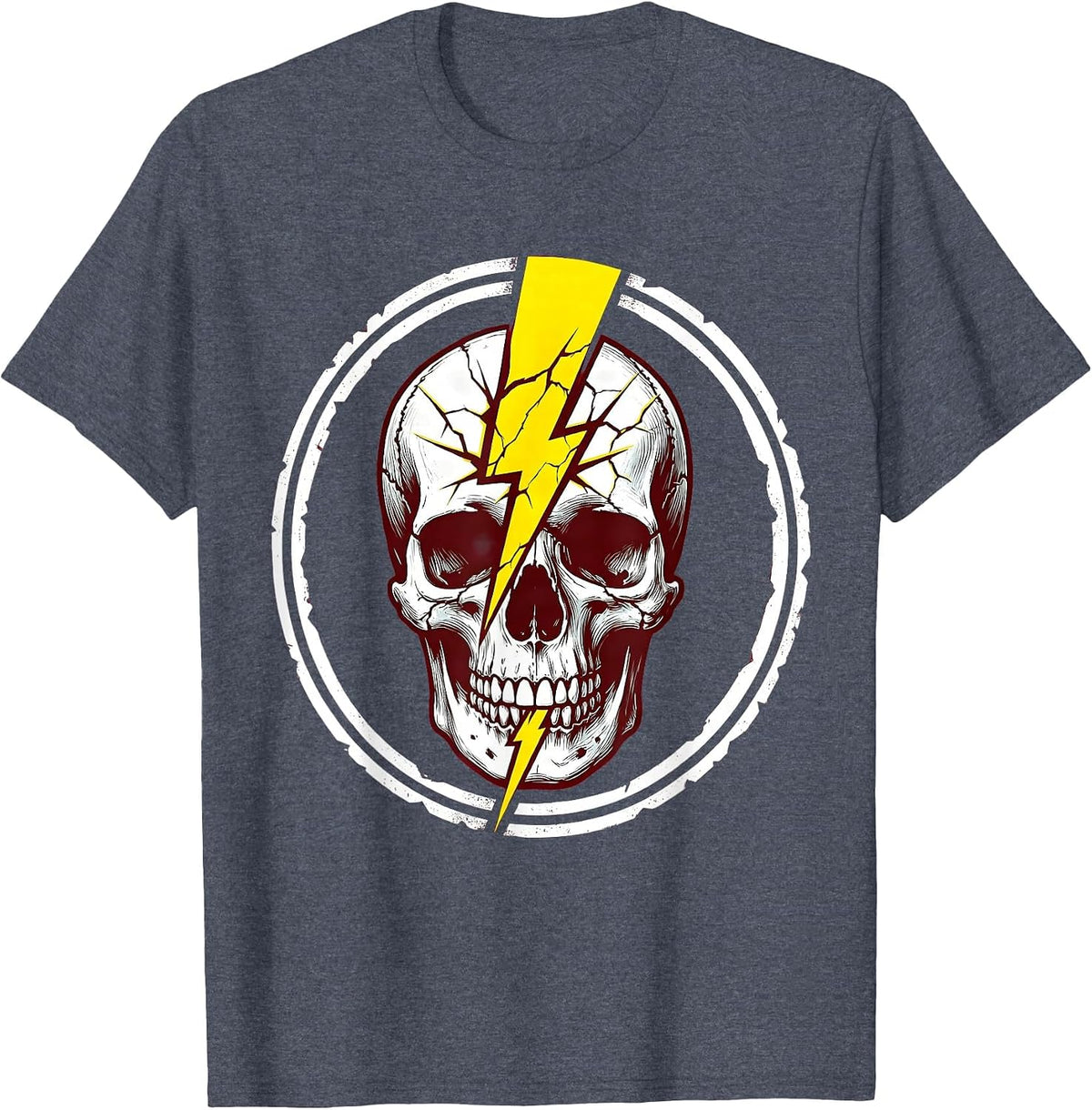 Skull Lightning Bolt Rock and Roll Graphic T-Shirt - Heather Blue