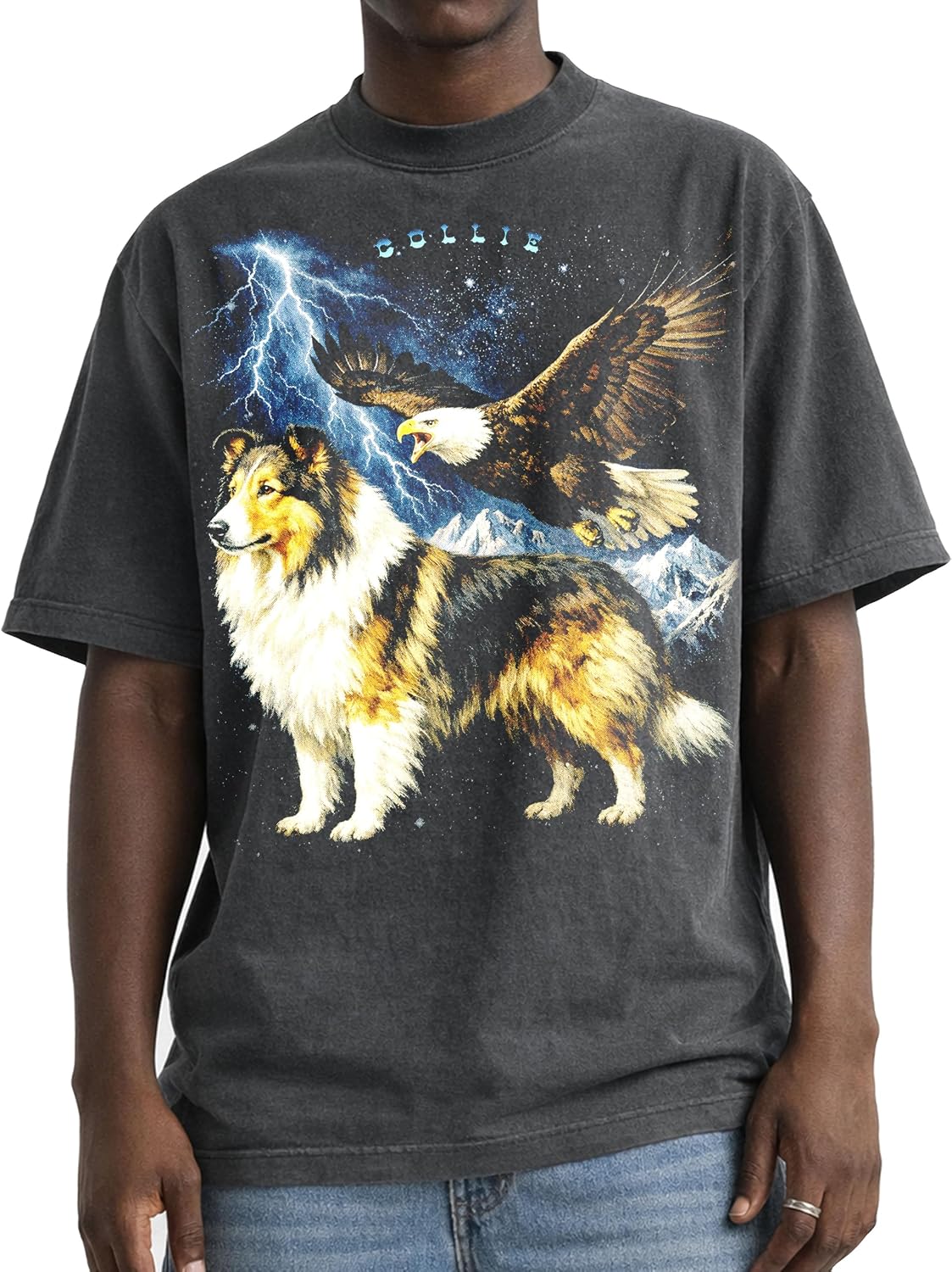 Shaka Wear Dogs & Bald Eagle Thunder - Faded Max-Heavyweight 7.5oz Oversized Tshirt - Collie