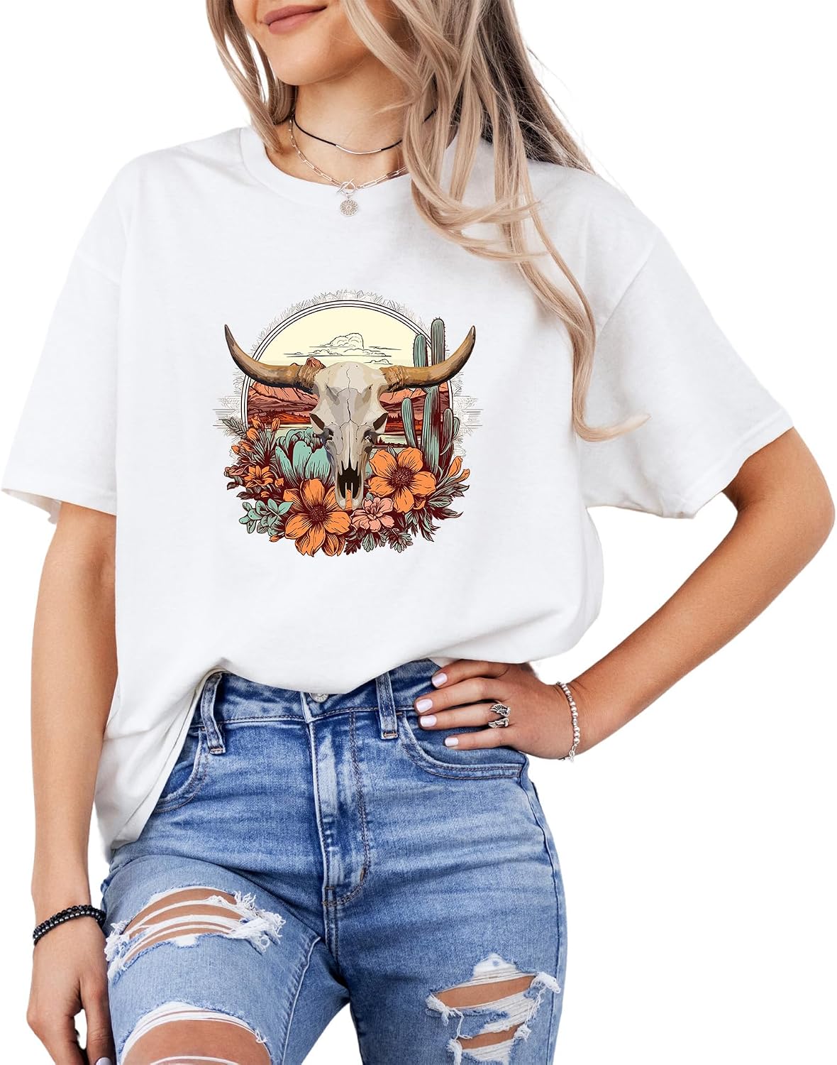 Western Cow Skull Graphic T-Shirt – Desert Floral Boho Style Tee – Vintage Country Rodeo Aesthetic for Men & Women - White