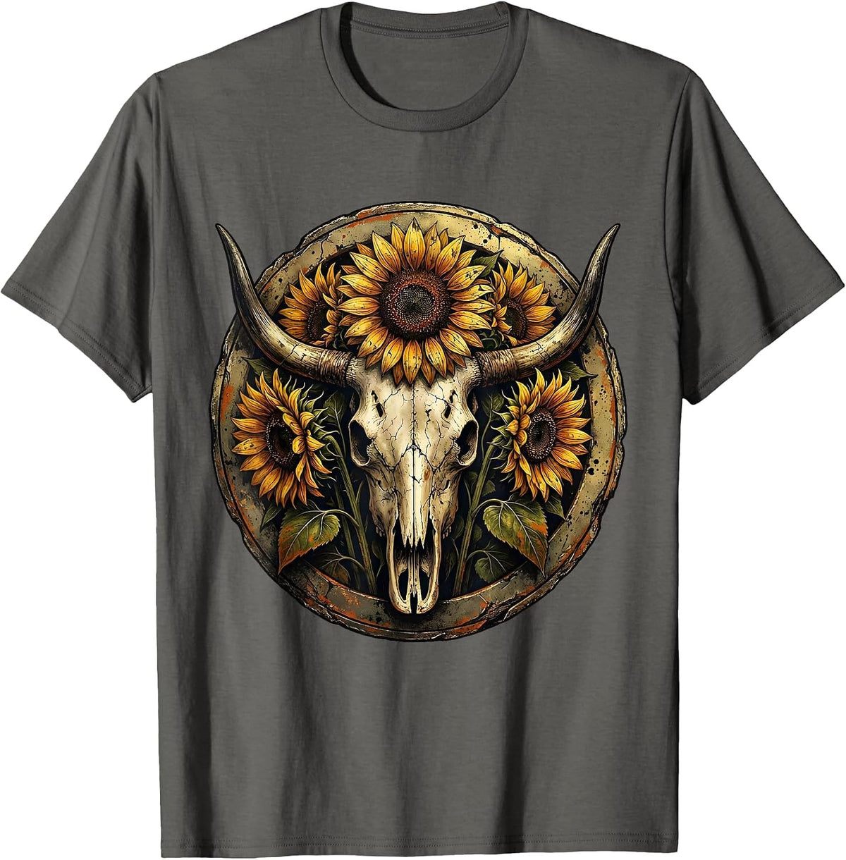 Men's Sunflower Cow Skull Western Boho Graphic T-Shirt - Asphalt Grey