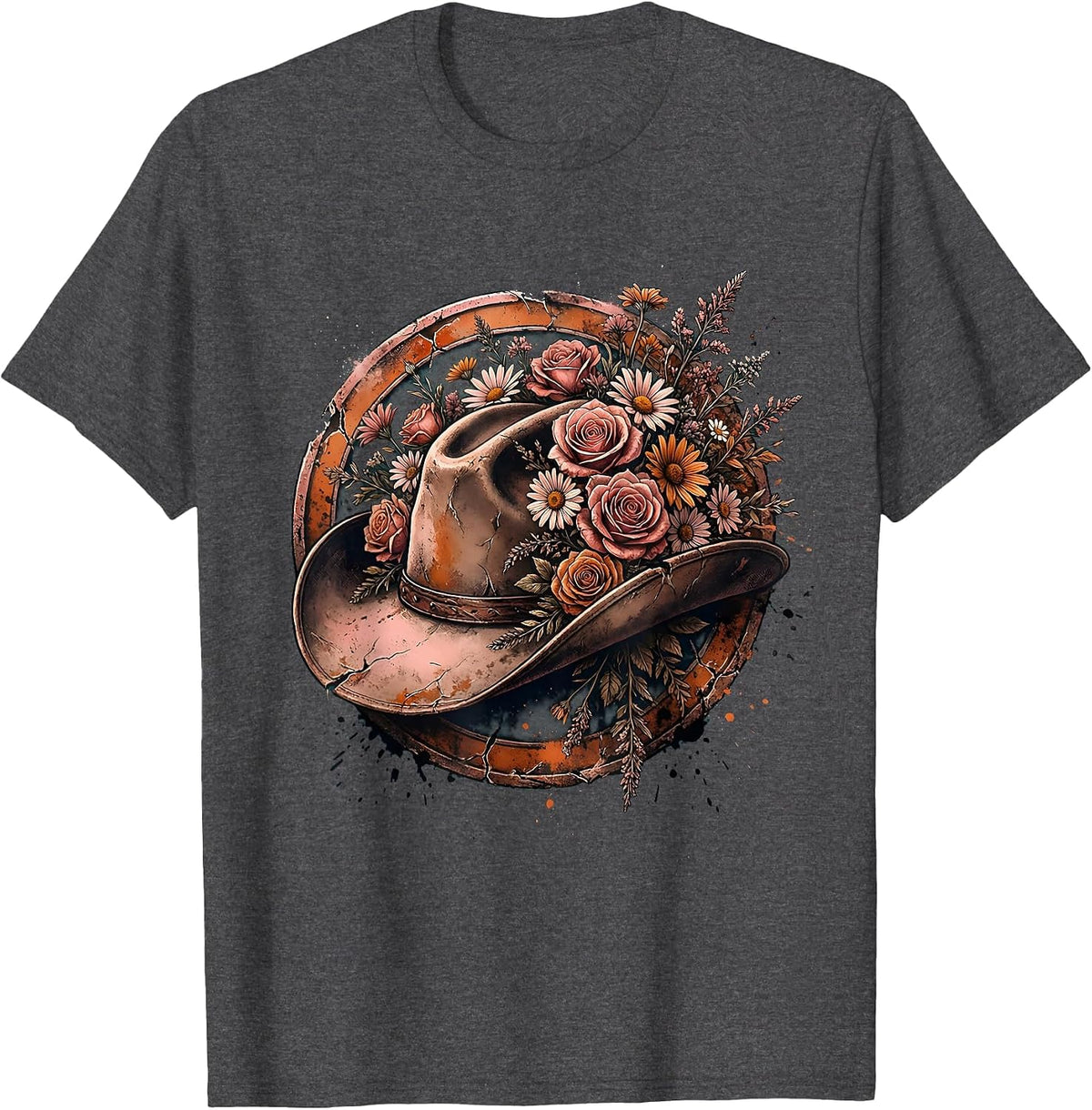 Floral Cowboy Hat Boho Western Wildflower Design T-Shirt - Dark Heather Grey