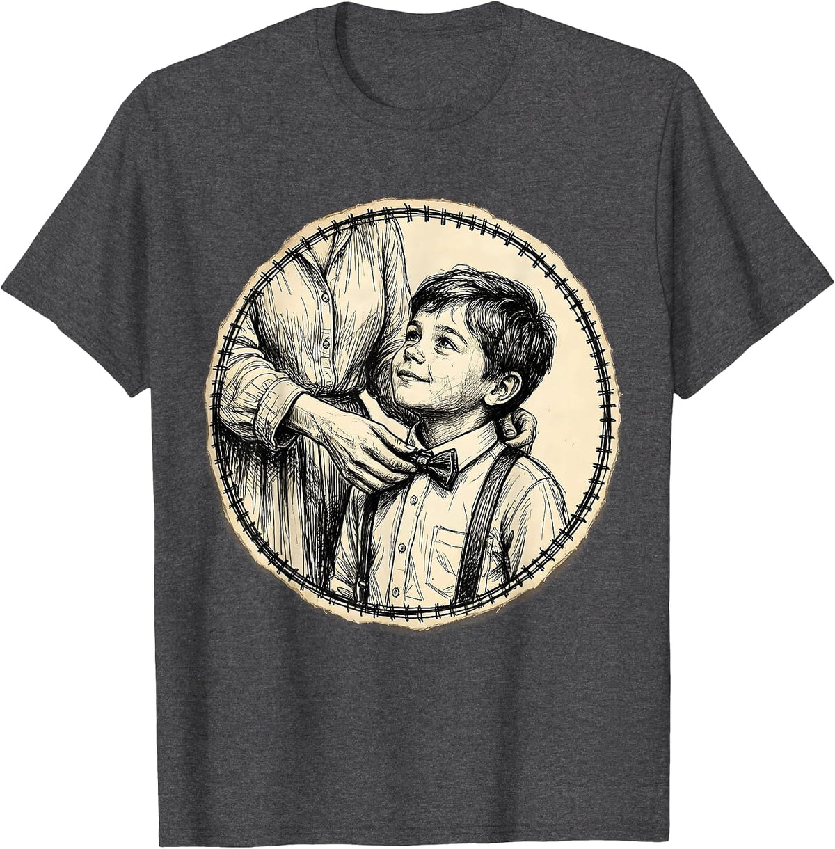 Men's Auntie Fixing Nephew's Bow Tie Illustration T-Shirt - Dark Heather Grey