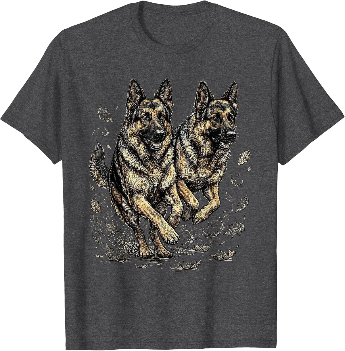 Two German Shepherds Running Through Autumn Leaves T-Shirt - Dark Heather Grey