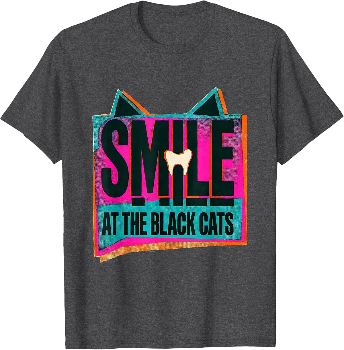 Smile at the Black Cats Risograph Halloween Dentist Dental T-Shirt - Dark Heather Grey