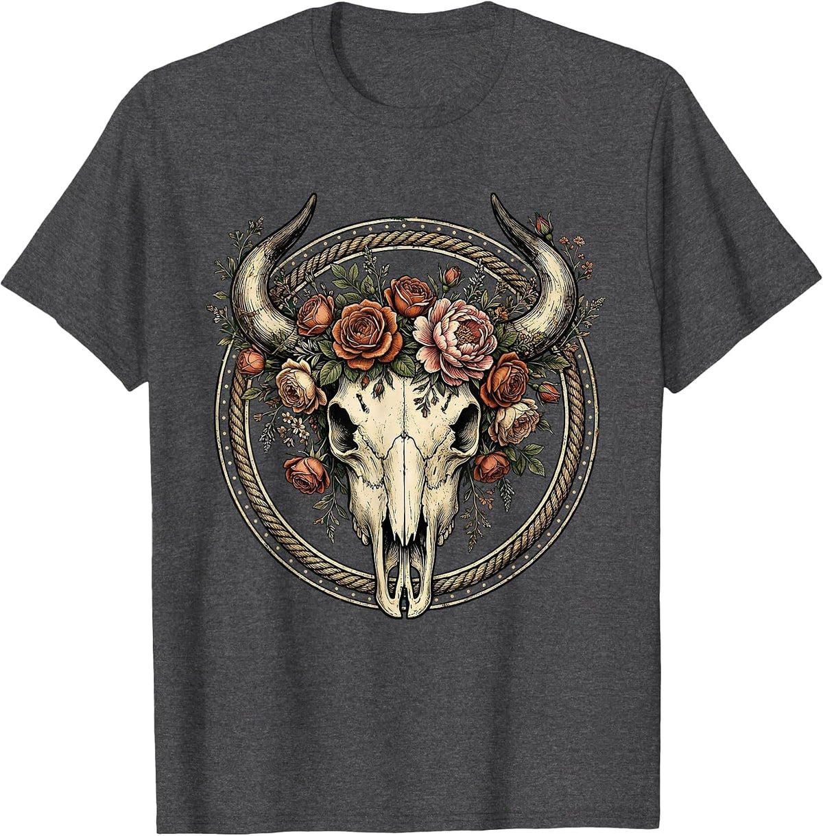 Bull Skull Floral Crown Western Boho Design T-Shirt - Dark Heather Grey