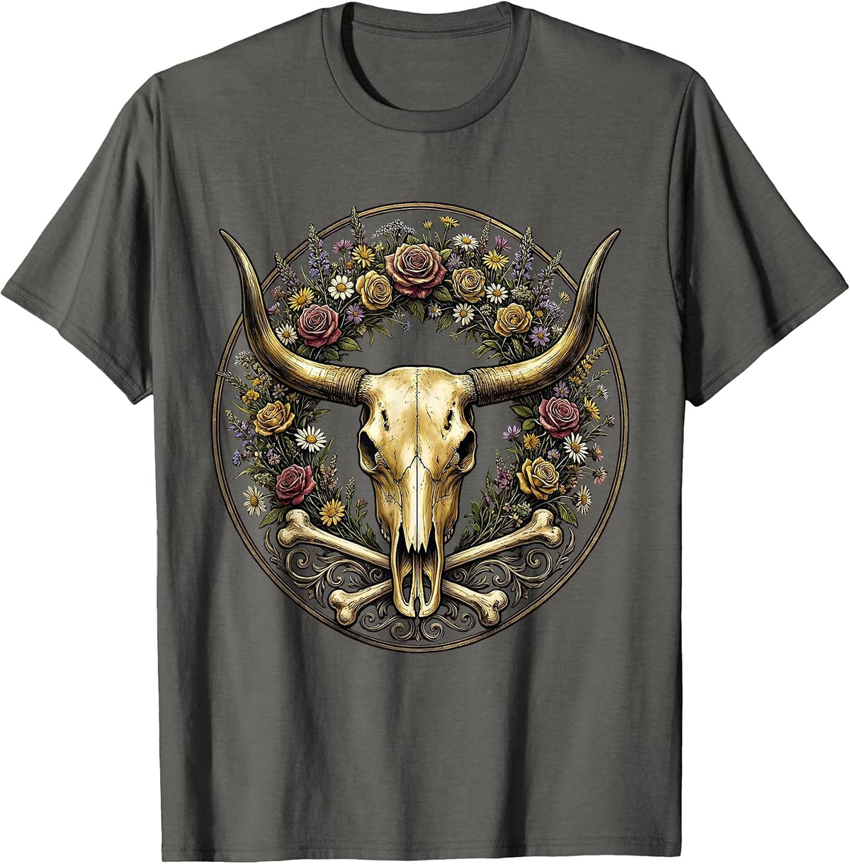 Cattle Skull Floral Crown Western Cowboy Design T-Shirt - Asphalt Grey