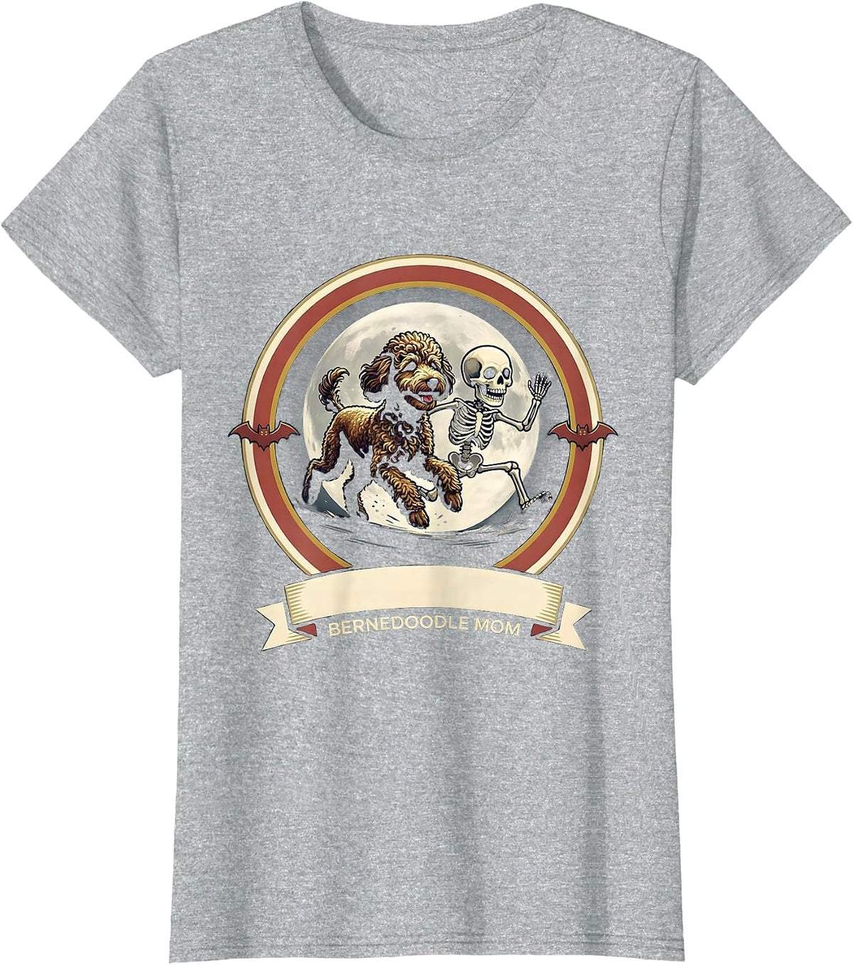 Bernedoodle Mom Funny Skeleton Chasing Halloween Dog Mom Pet T-Shirt - Heather Grey