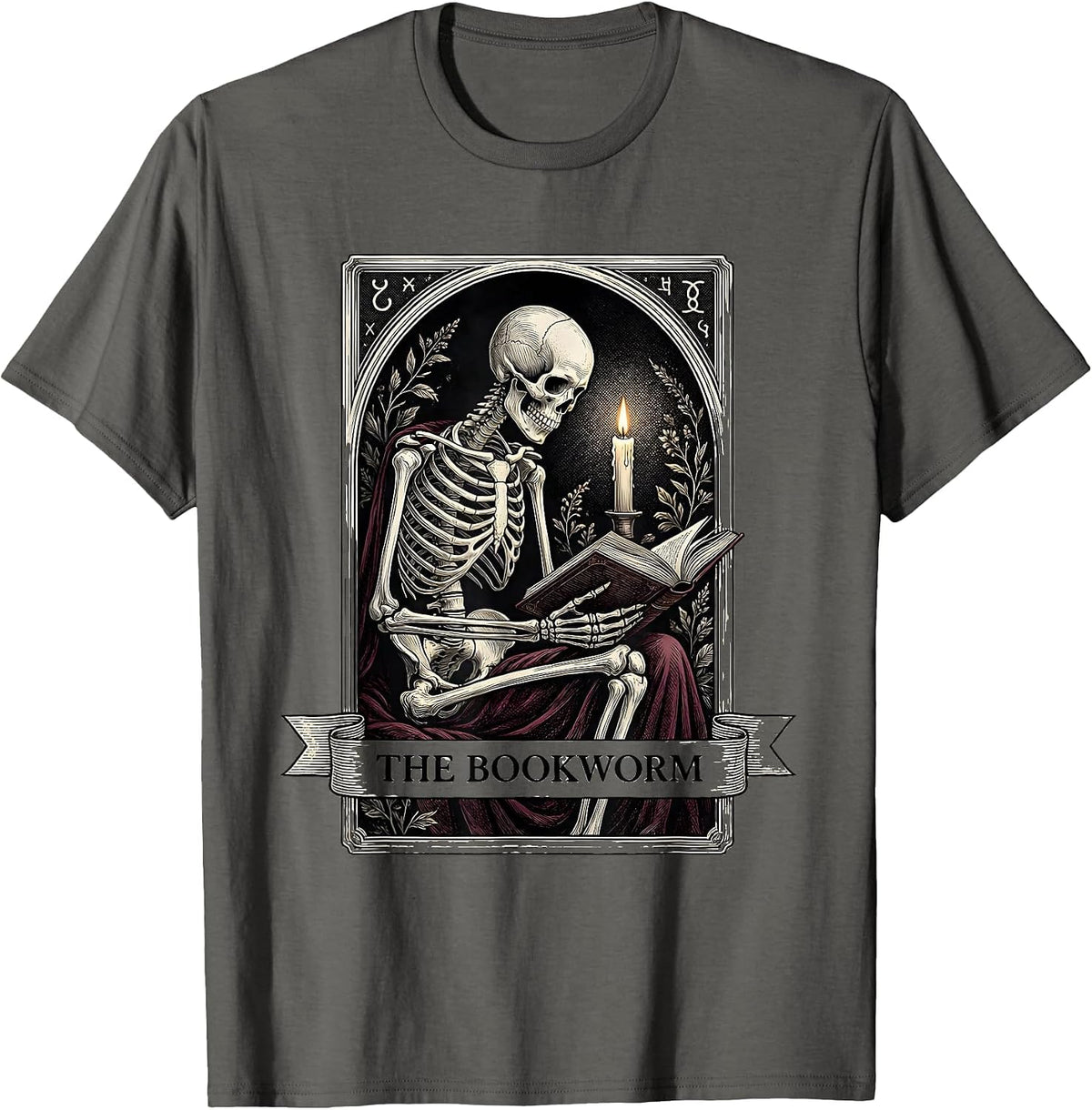 Men's The Bookworm Gothic Dark Academia Skeleton Tarot Book Lover T-Shirt - Asphalt Grey