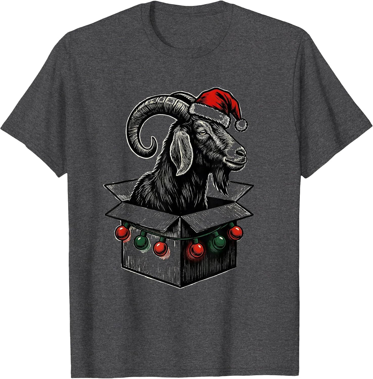 Men's Goat Christmas Lights Linocut Farm Animal Humor T-Shirt - Dark Heather Grey