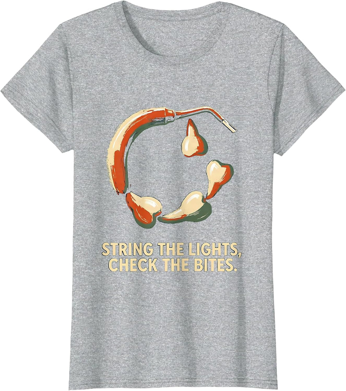 String The Lights Check The Bites Funny Dentist Christmas T-Shirt - Heather Grey