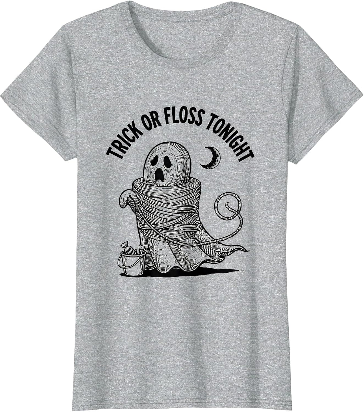 Trick Or Floss Tonight Line Art Halloween Dentist Costume T-Shirt - Heather Grey