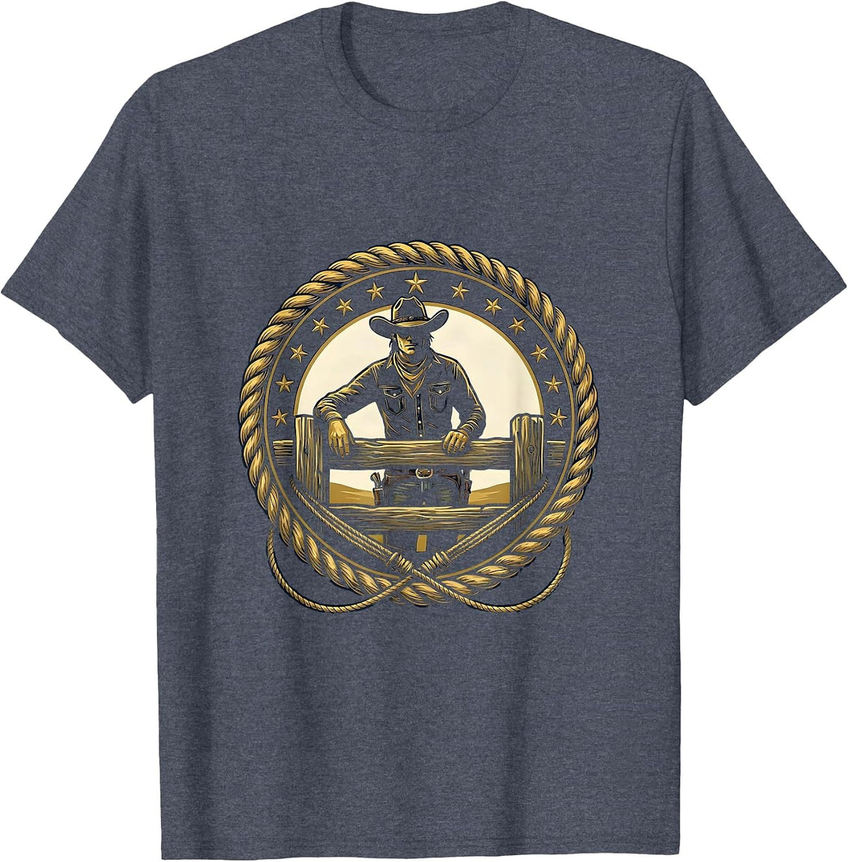 Cowgirl Leaning on Rodeo Fence Graphic Design T-Shirt - Heather Blue
