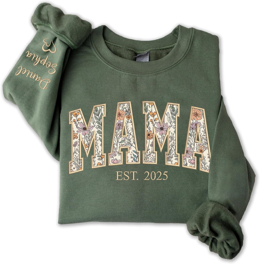 Personalized Floral Embroidered Applique Mama Sweatshirt for Women, Custom Mom Gifts from Grandkids, Mama Sweater, Mom