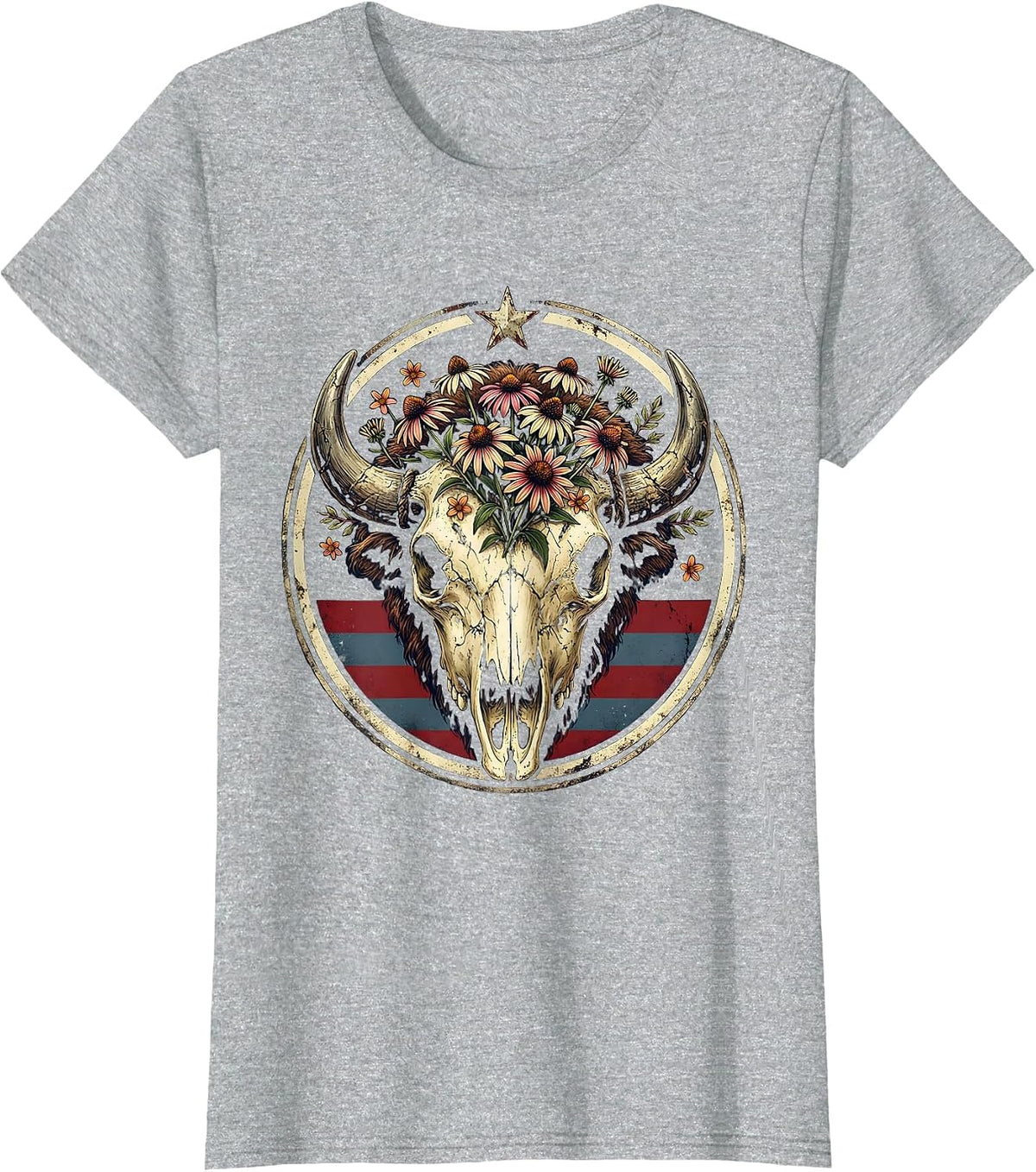 Women's Bison Skull Wildflowers American West Boho Nature Art T-Shirt - Heather Grey