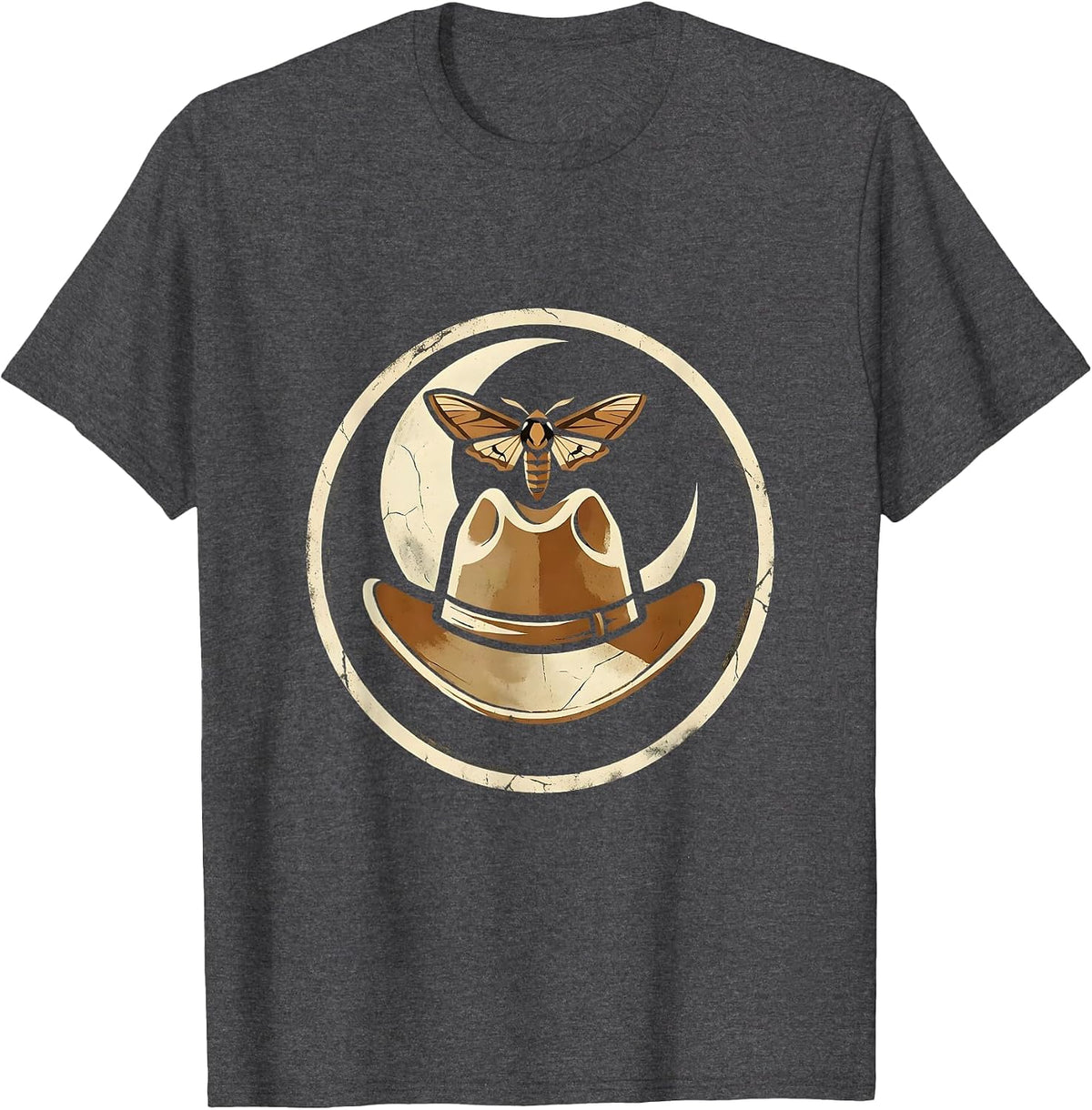 Cowgirl Hat Moth and Moon Western Graphic T-Shirt - Dark Heather Grey