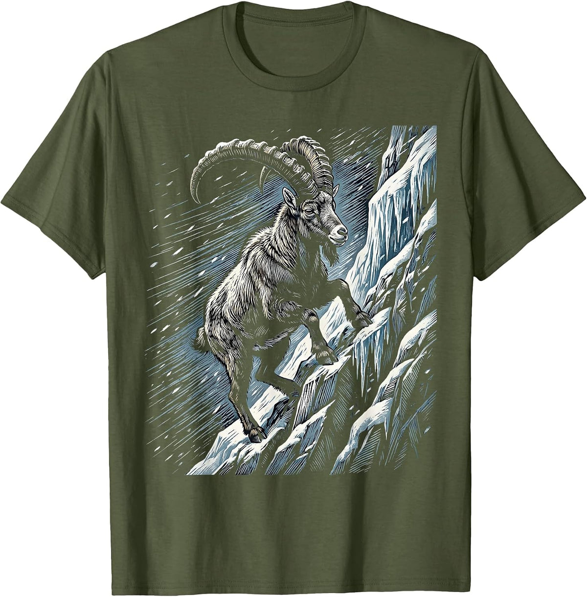 Mountain Goat Blizzard Icy Cliff Climbing Design T-Shirt - Olive Green