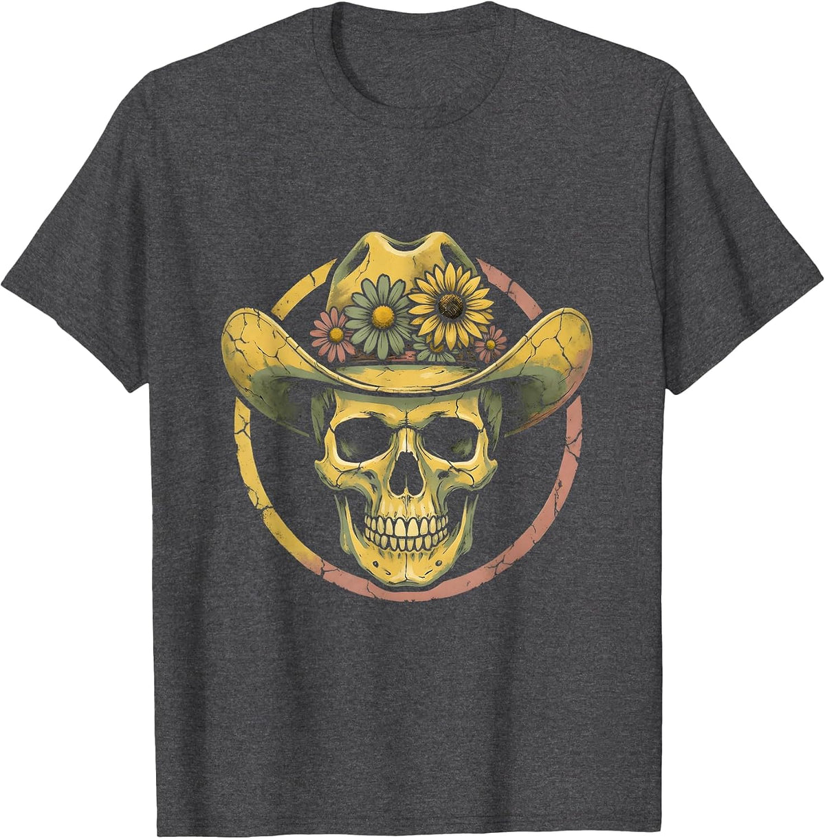 Floral Cowgirl Skull Western Women's Graphic Tee T-Shirt - Dark Heather Grey