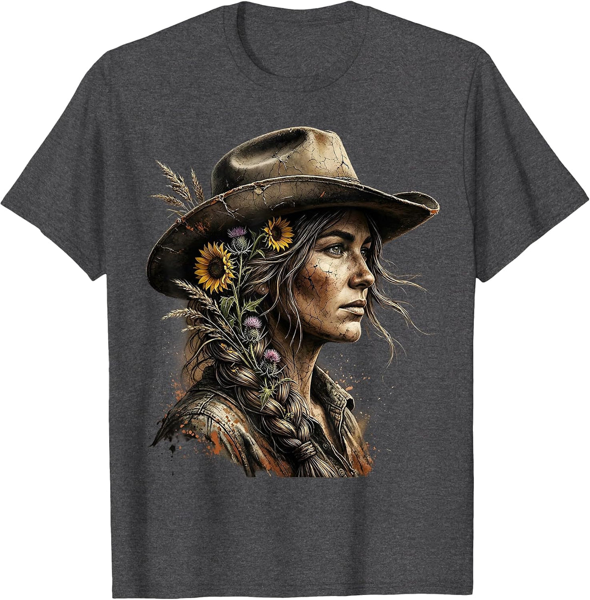 Prairie Wildflower Braid Western Boho Illustration T-Shirt - Dark Heather Grey