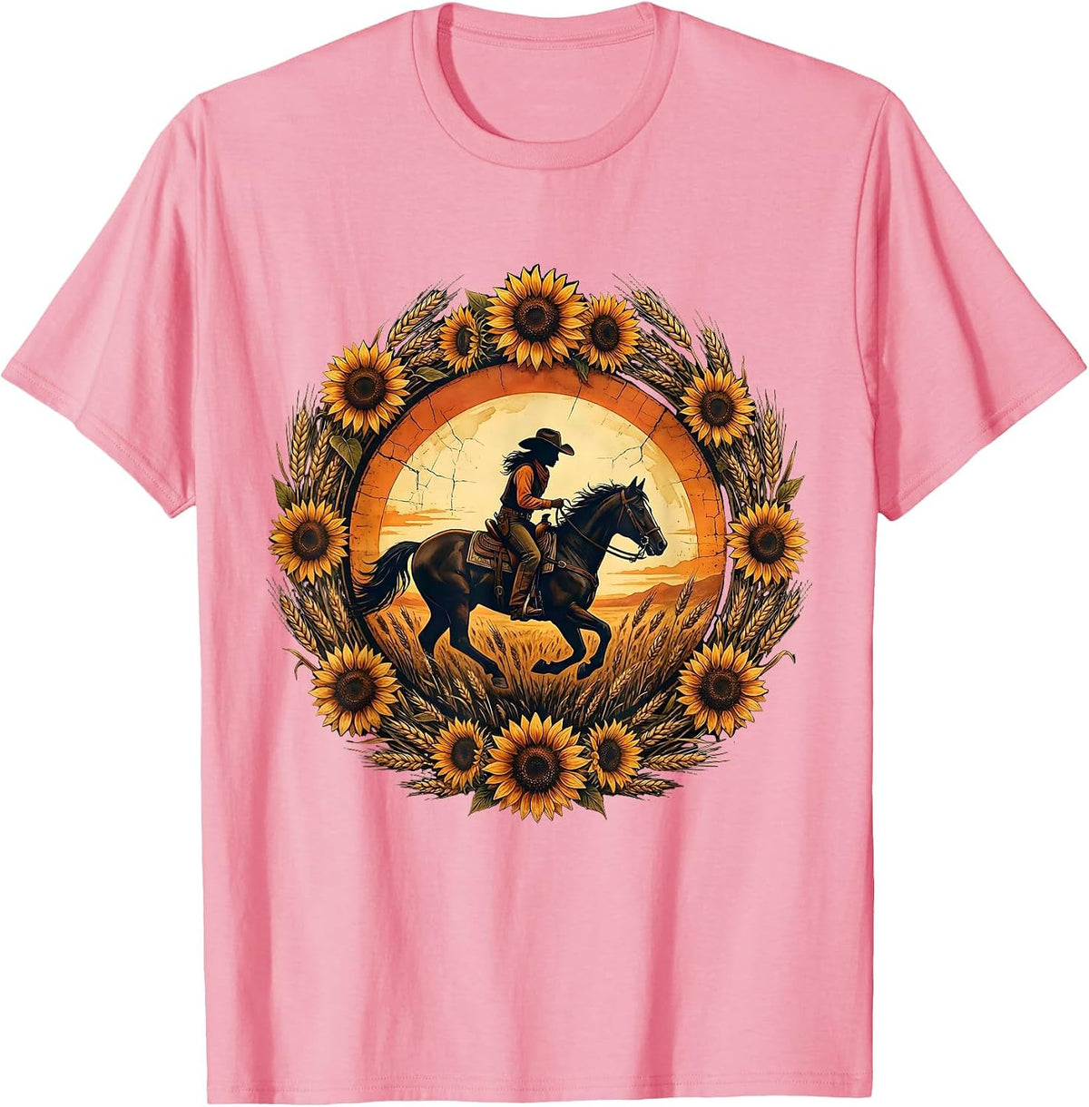 Men's Cowgirl Silhouette on Horseback Dusk Rodeo Design T-Shirt - Pink