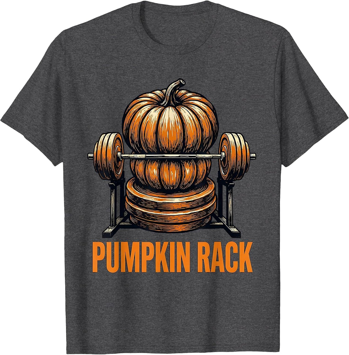 Men's Pumpkin Rack Linocut Funny Halloween Gym Workout Lifting Pun T-Shirt - Dark Heather Grey