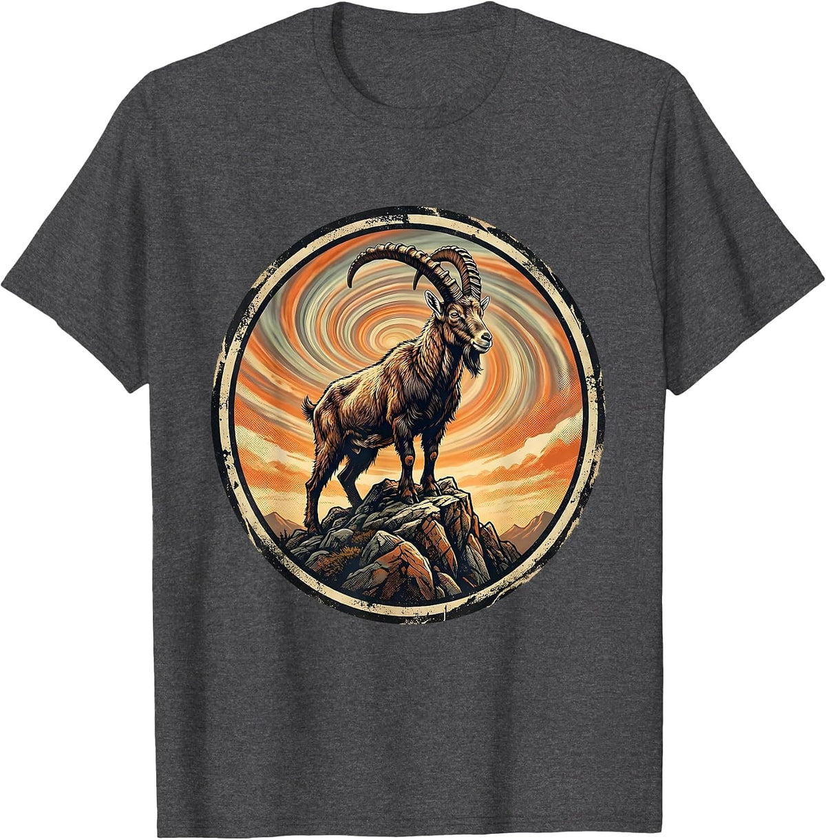Mountain Goat Peak Tie Dye Sky Illustration T-Shirt - Dark Heather Grey