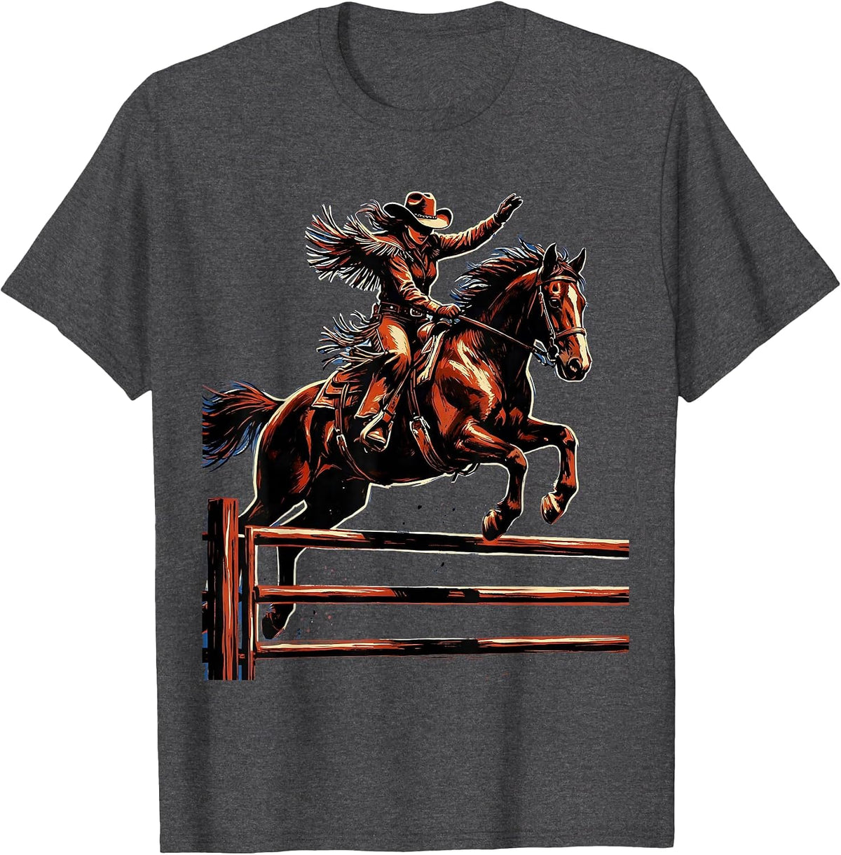 Cowgirl and Horse Leaping Fence Rodeo Graphic T-Shirt - Dark Heather Grey
