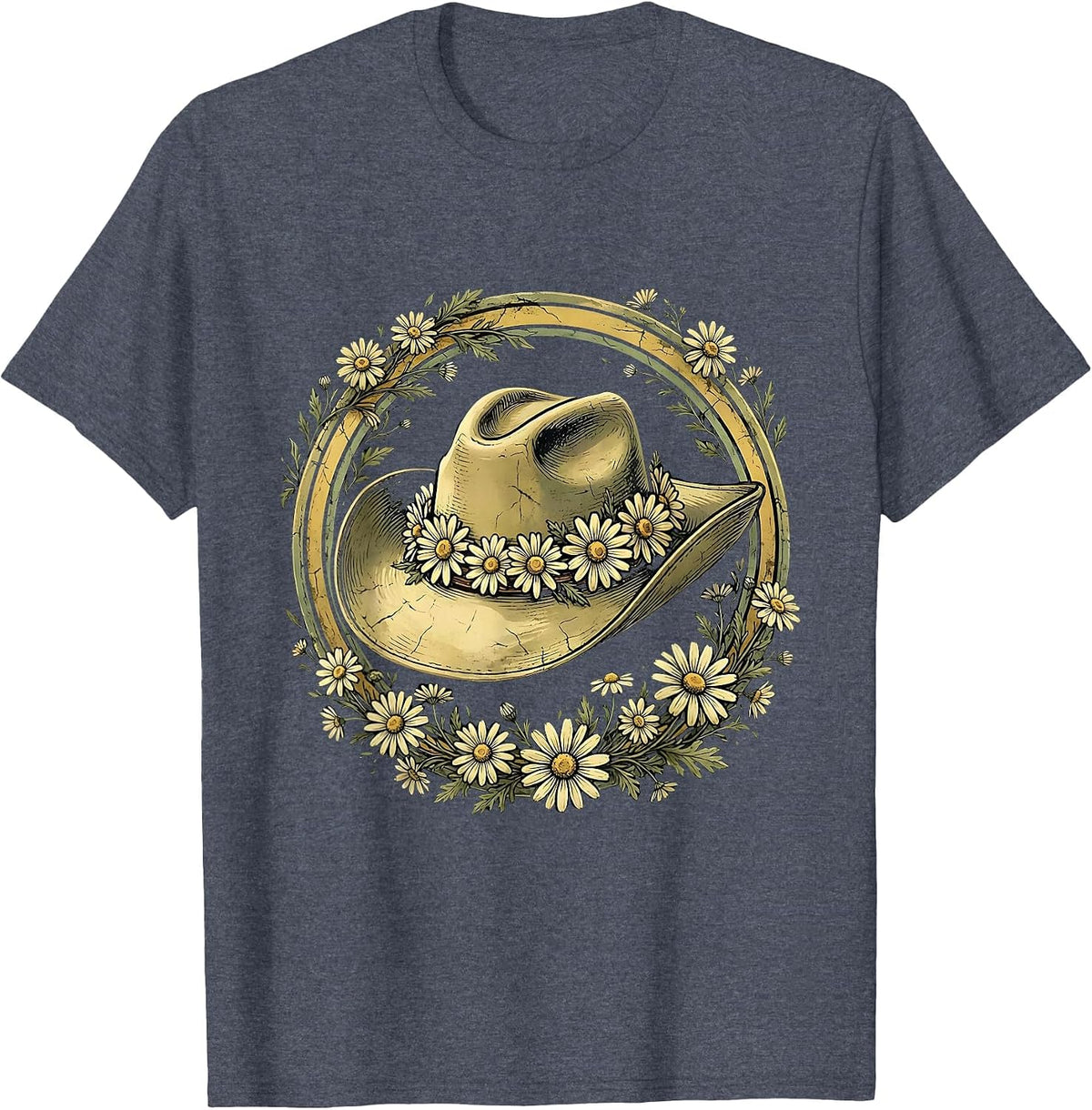 Cowgirl Hat Daisy Chain Western Floral Design T-Shirt - Heather Blue