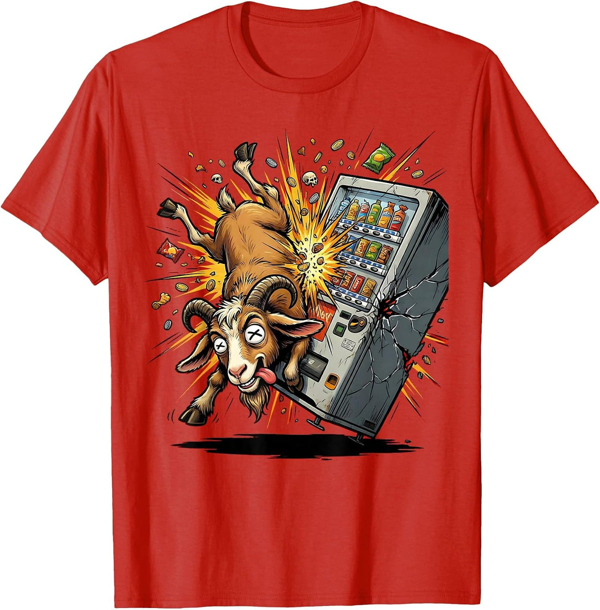 Men's Goat Headbutting Vending Machine Funny Graphic T-Shirt - Red