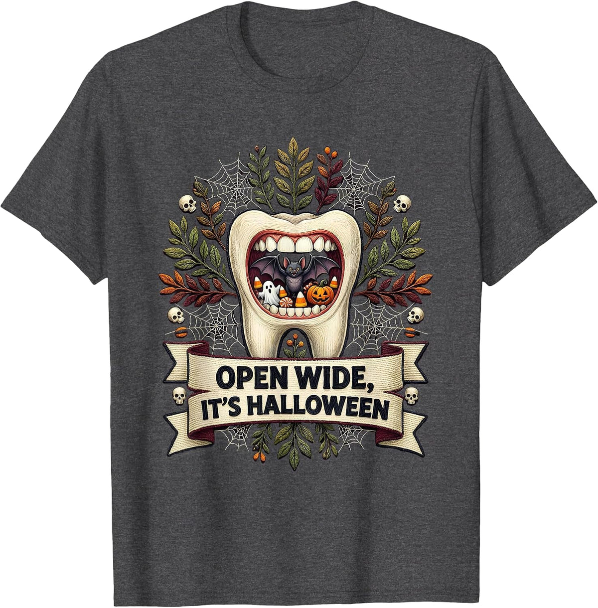 Men's Open Wide It's Halloween Dental Spooky Design T-Shirt - Dark Heather Grey