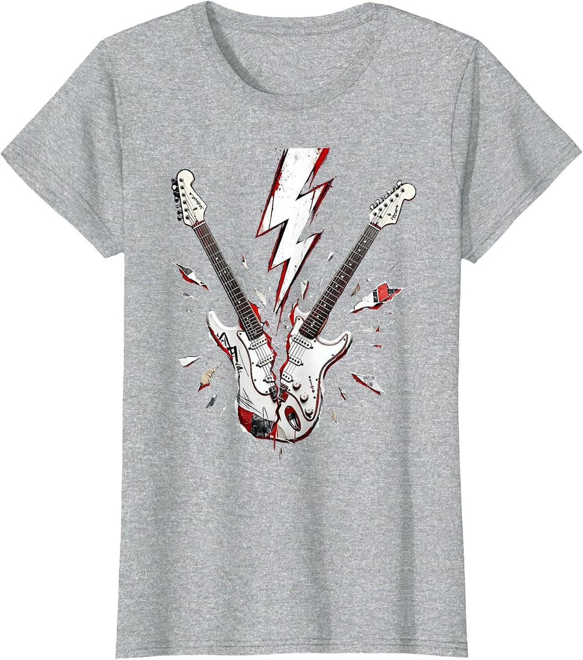 Lightning Bolt Split Guitar 80s Rock Graphic T-Shirt - Heather Grey